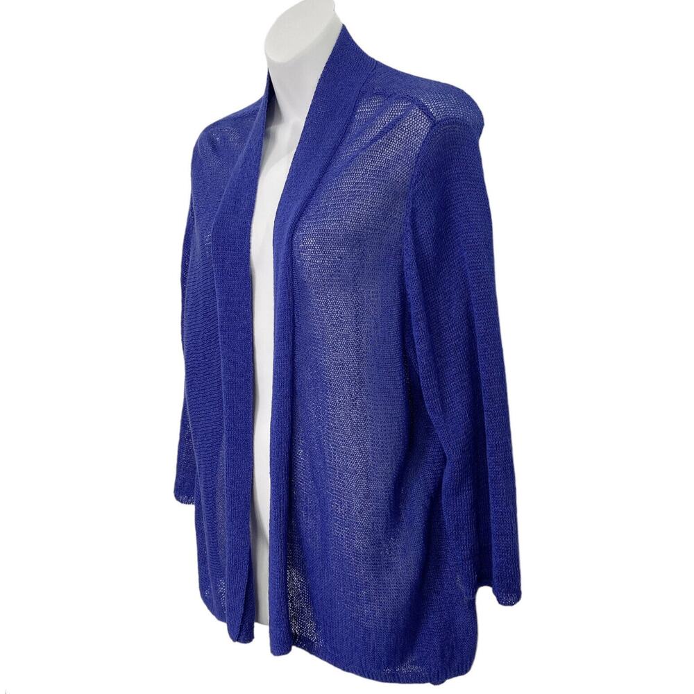 Eileen Fisher Women Sweater Size 2X Blue Loose Knit Linen Blend Open Front